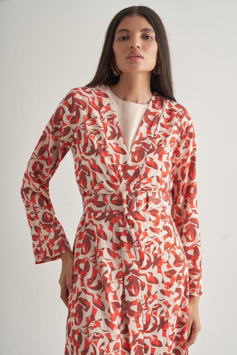 Mizalle Kırmızı Botanik Desenli Kimono Takım - Mizalle