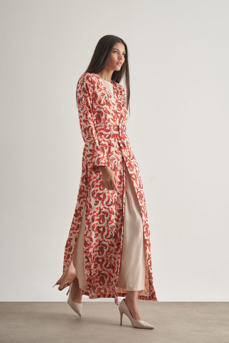 Mizalle Kırmızı Botanik Desenli Kimono Takım - Mizalle