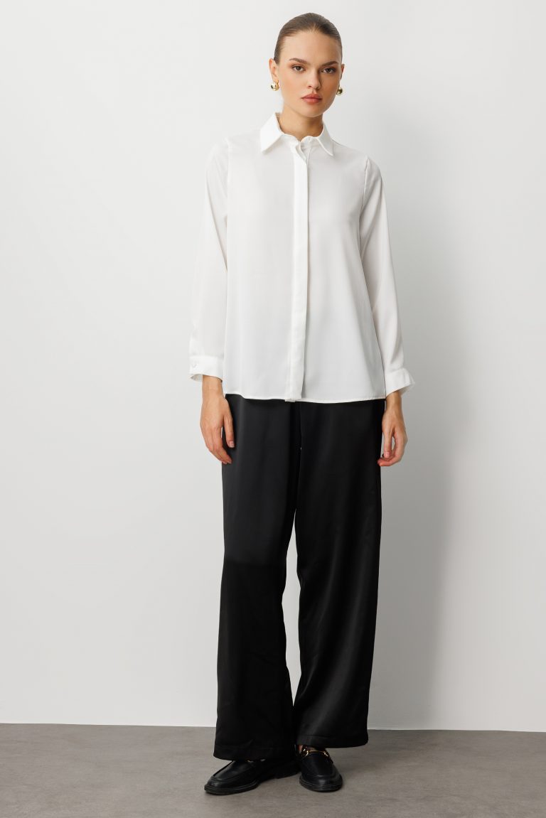 Mizalle Klasik Ekru Saten Gömlek Bluz - Mizalle