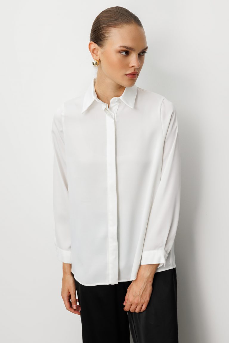 Mizalle Klasik Ekru Saten Gömlek Bluz - Mizalle