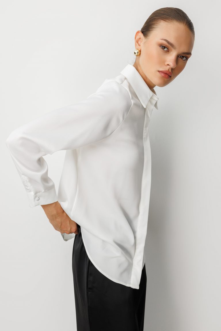 Mizalle Klasik Ekru Saten Gömlek Bluz - Mizalle