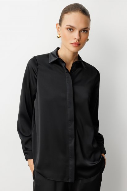 Mizalle Klasik Siyah Saten Gömlek Bluz - Mizalle