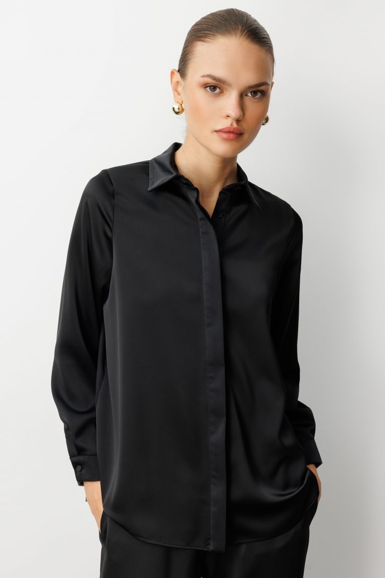 Mizalle Klasik Siyah Saten Gömlek Bluz - Mizalle