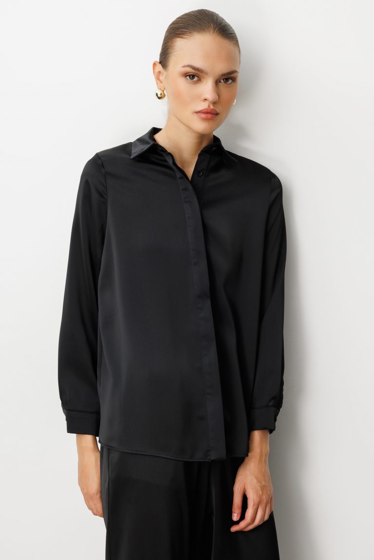 Mizalle Klasik Siyah Saten Gömlek Bluz - Mizalle