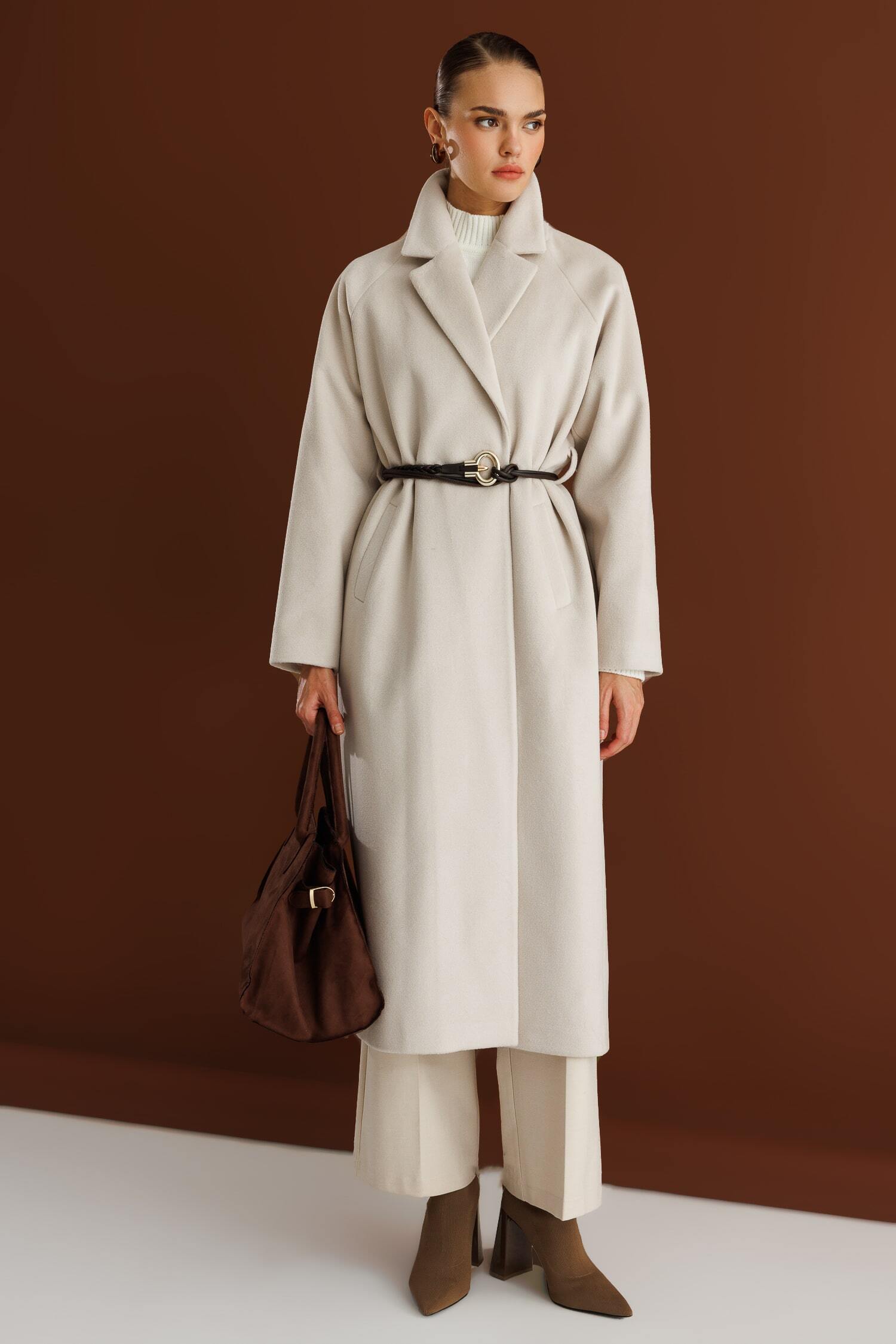 Mizalle Klasik Uzun Yünlü Ekru Kaşe Kaban - 3