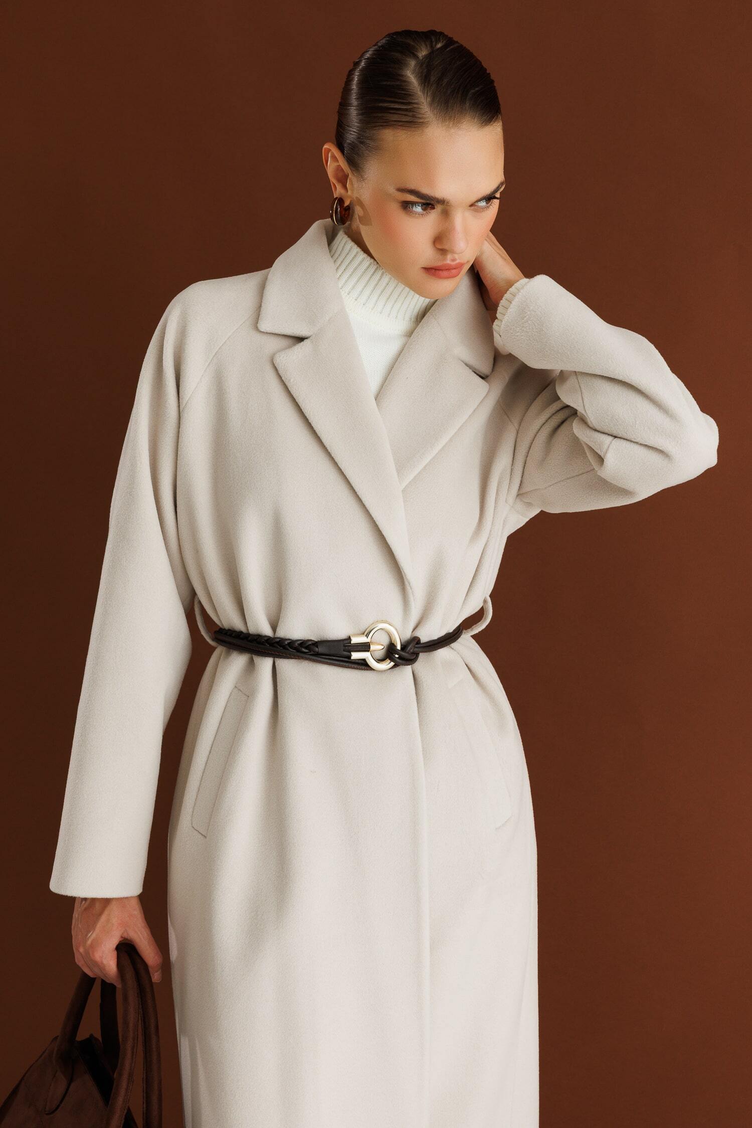 Mizalle Klasik Uzun Yünlü Ekru Kaşe Kaban - 1