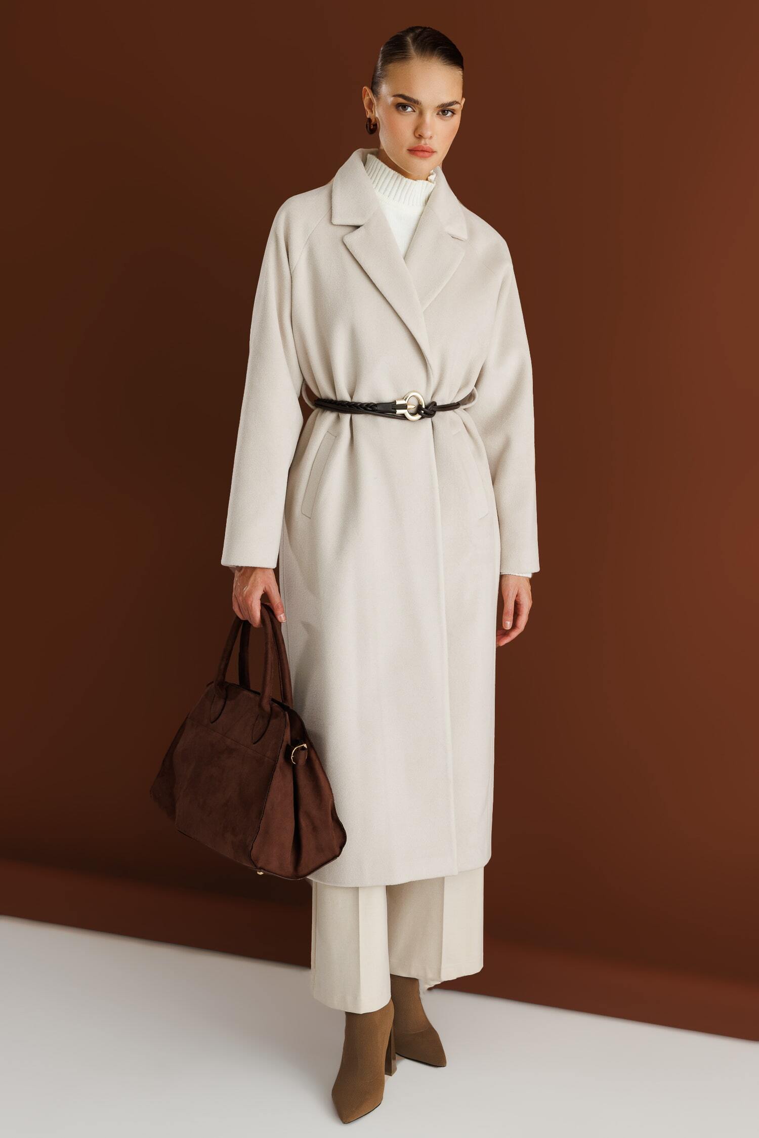 Mizalle Klasik Uzun Yünlü Ekru Kaşe Kaban - Mizalle