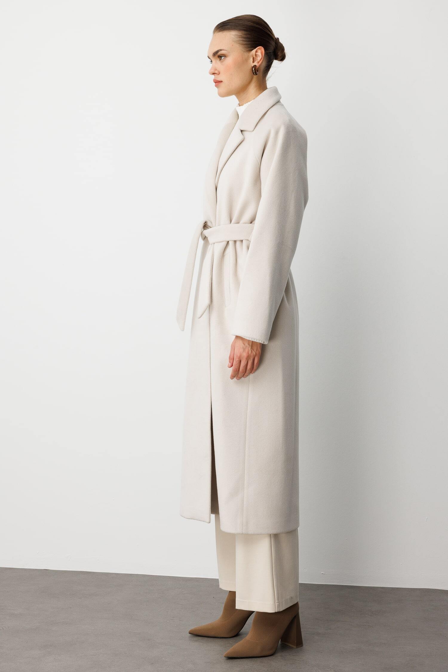 Mizalle Klasik Uzun Yünlü Ekru Kaşe Kaban - 5