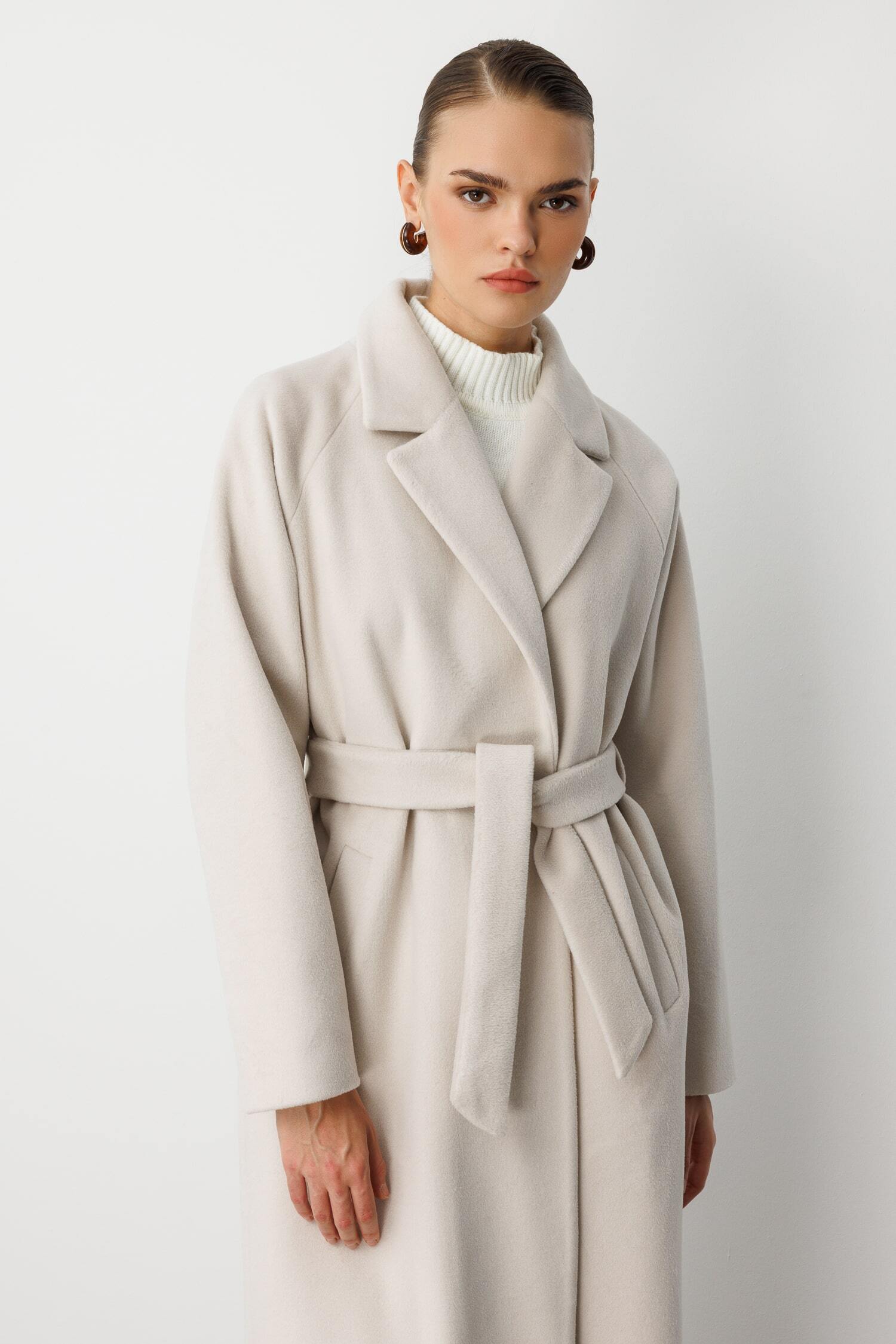 Mizalle Klasik Uzun Yünlü Ekru Kaşe Kaban - 7