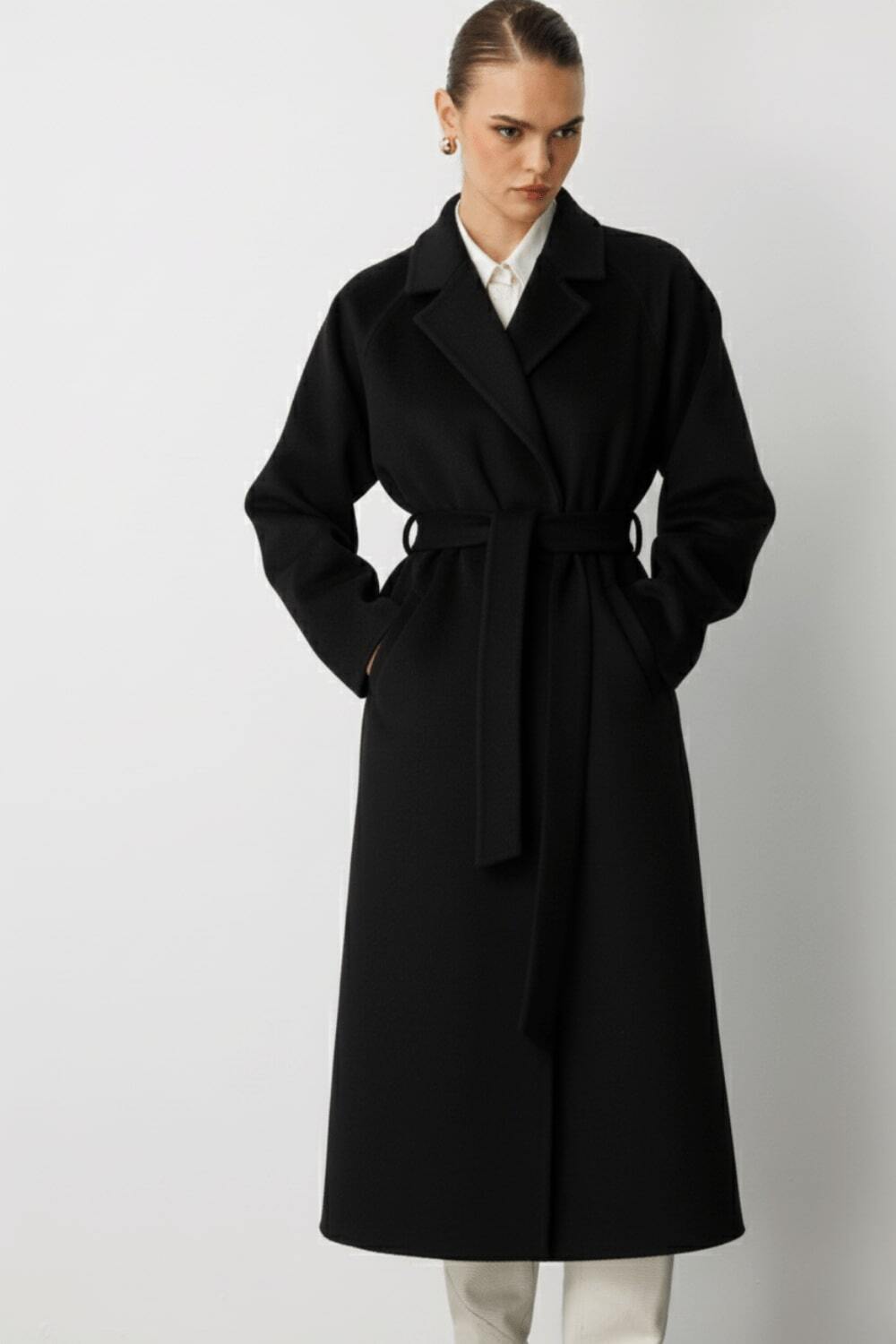 Mizalle Klasik Uzun Yünlü Siyah Kaşe Kaban - 1