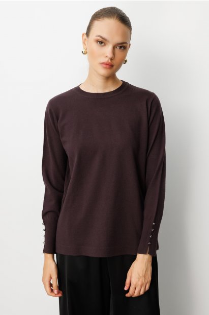 Mizalle Kol Düğmeli Kahverengi Yuvarlak Yaka İnce Triko Kazak - Mizalle