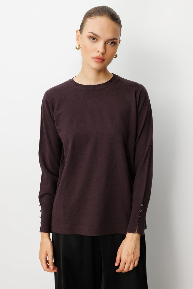 Mizalle Kol Düğmeli Kahverengi Yuvarlak Yaka İnce Triko Kazak - Mizalle