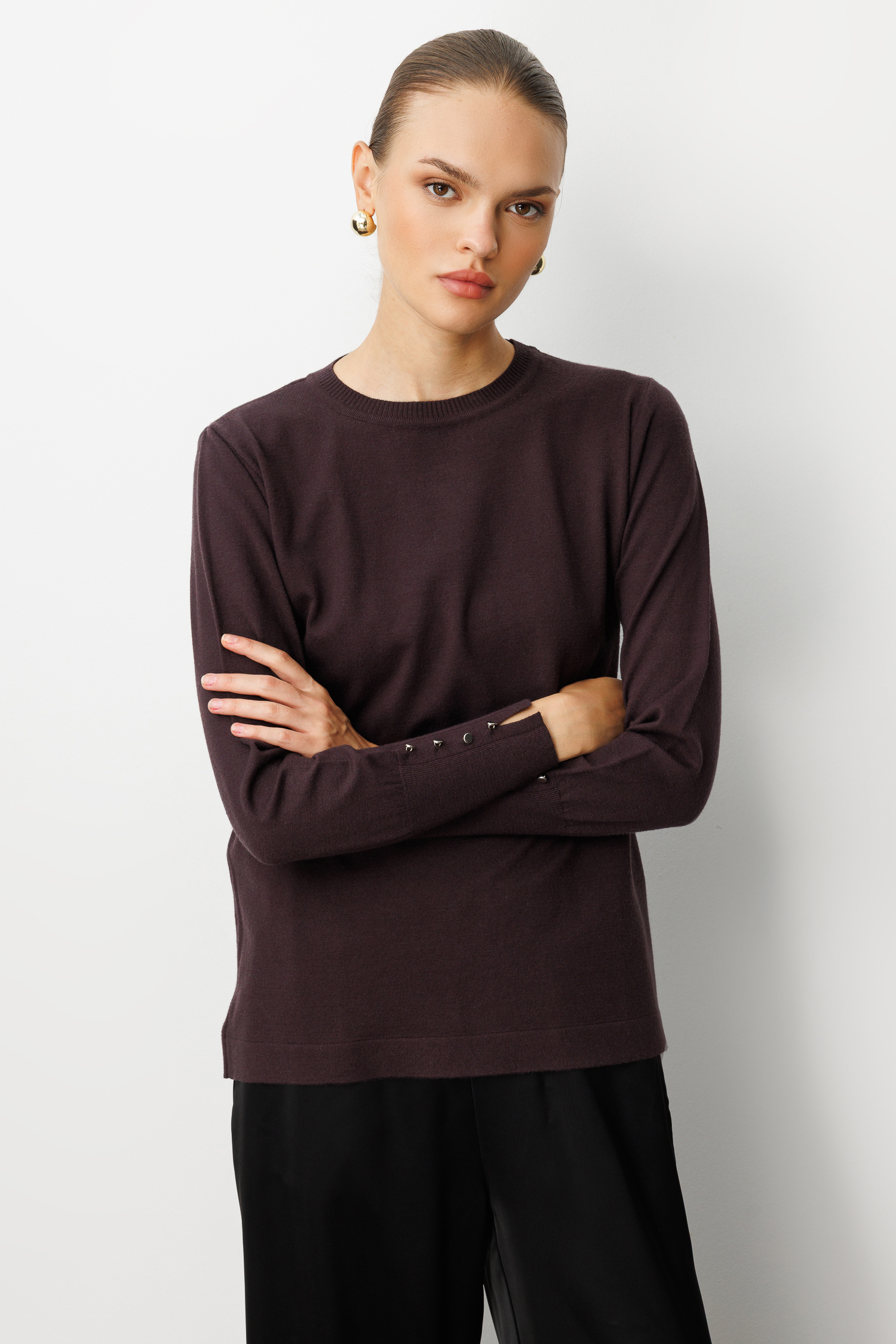 Mizalle Kol Düğmeli Kahverengi Yuvarlak Yaka İnce Triko Kazak - Mizalle