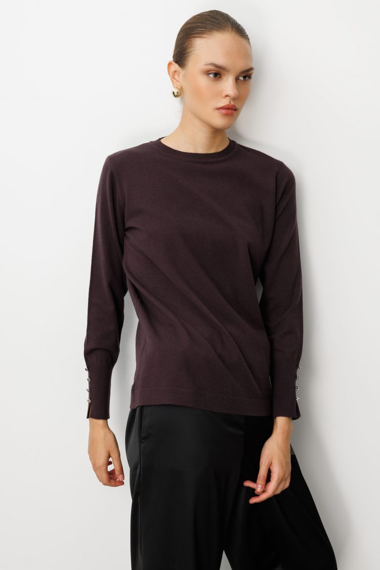 Mizalle Kol Düğmeli Kahverengi Yuvarlak Yaka İnce Triko Kazak - Mizalle