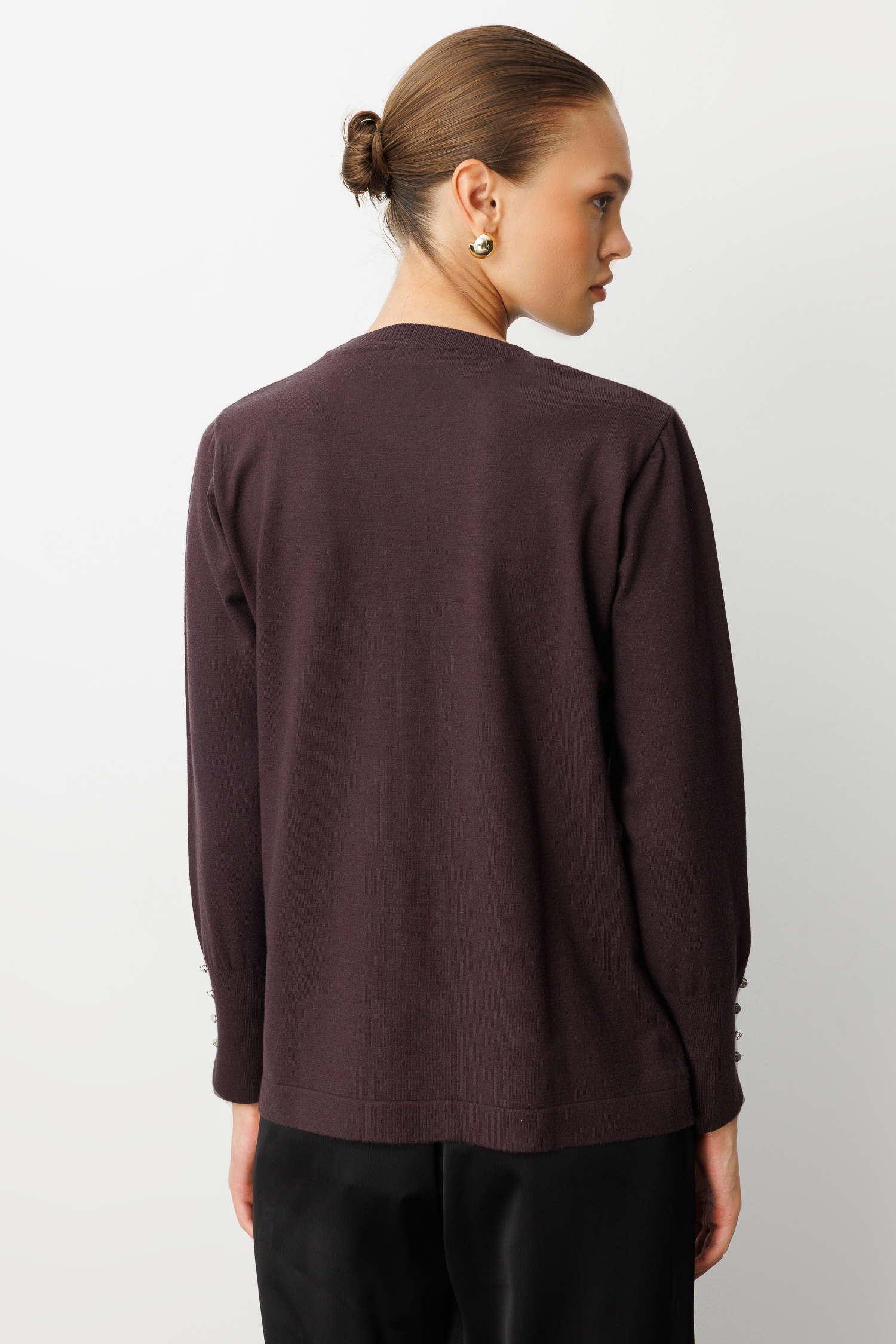 Mizalle Kol Düğmeli Kahverengi Yuvarlak Yaka İnce Triko Kazak - Mizalle