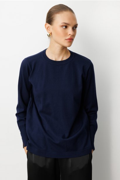 Mizalle Kol Düğmeli Lacivert Yuvarlak Yaka İnce Triko Kazak - Mizalle