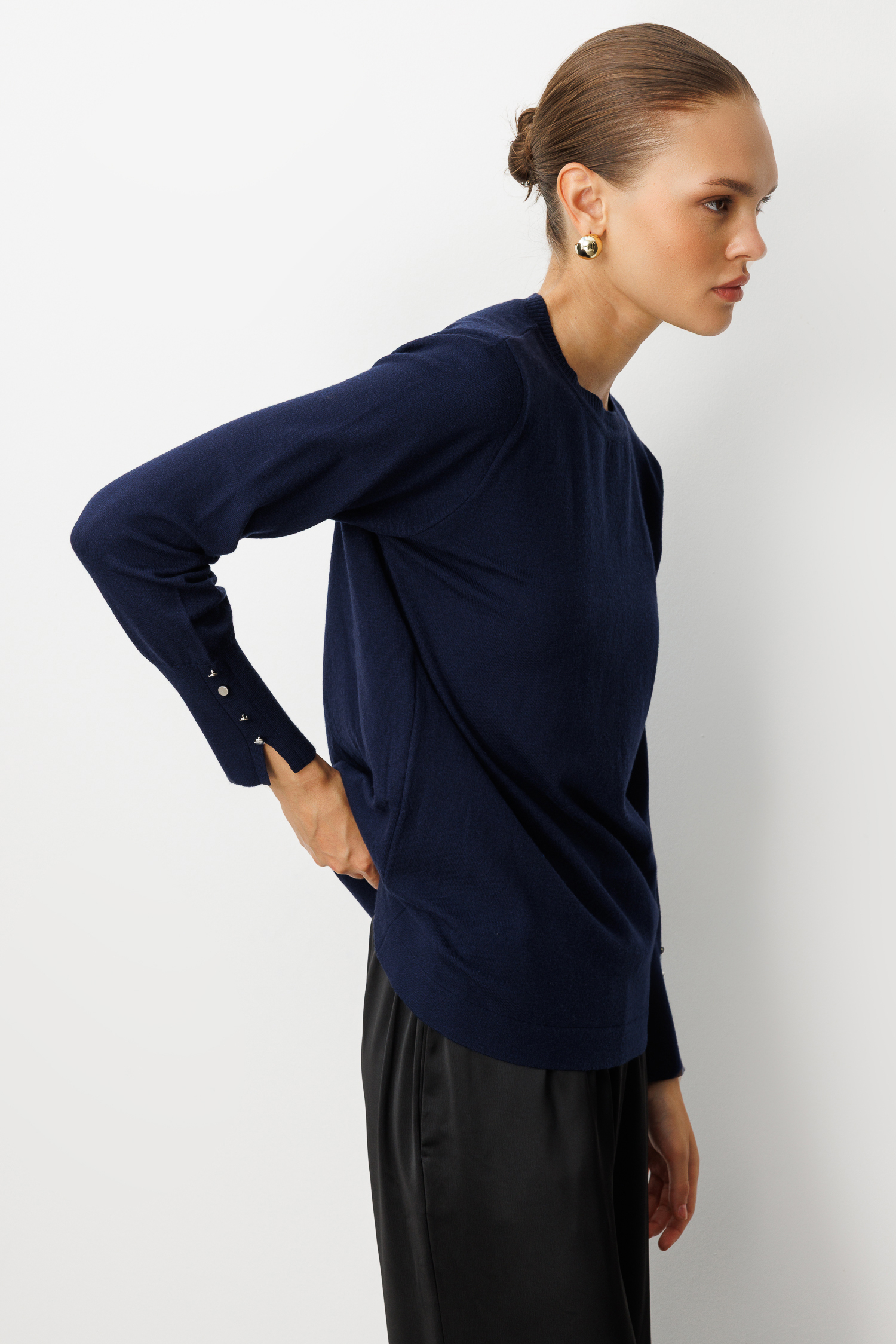 Mizalle Kol Düğmeli Lacivert Yuvarlak Yaka İnce Triko Kazak - Mizalle