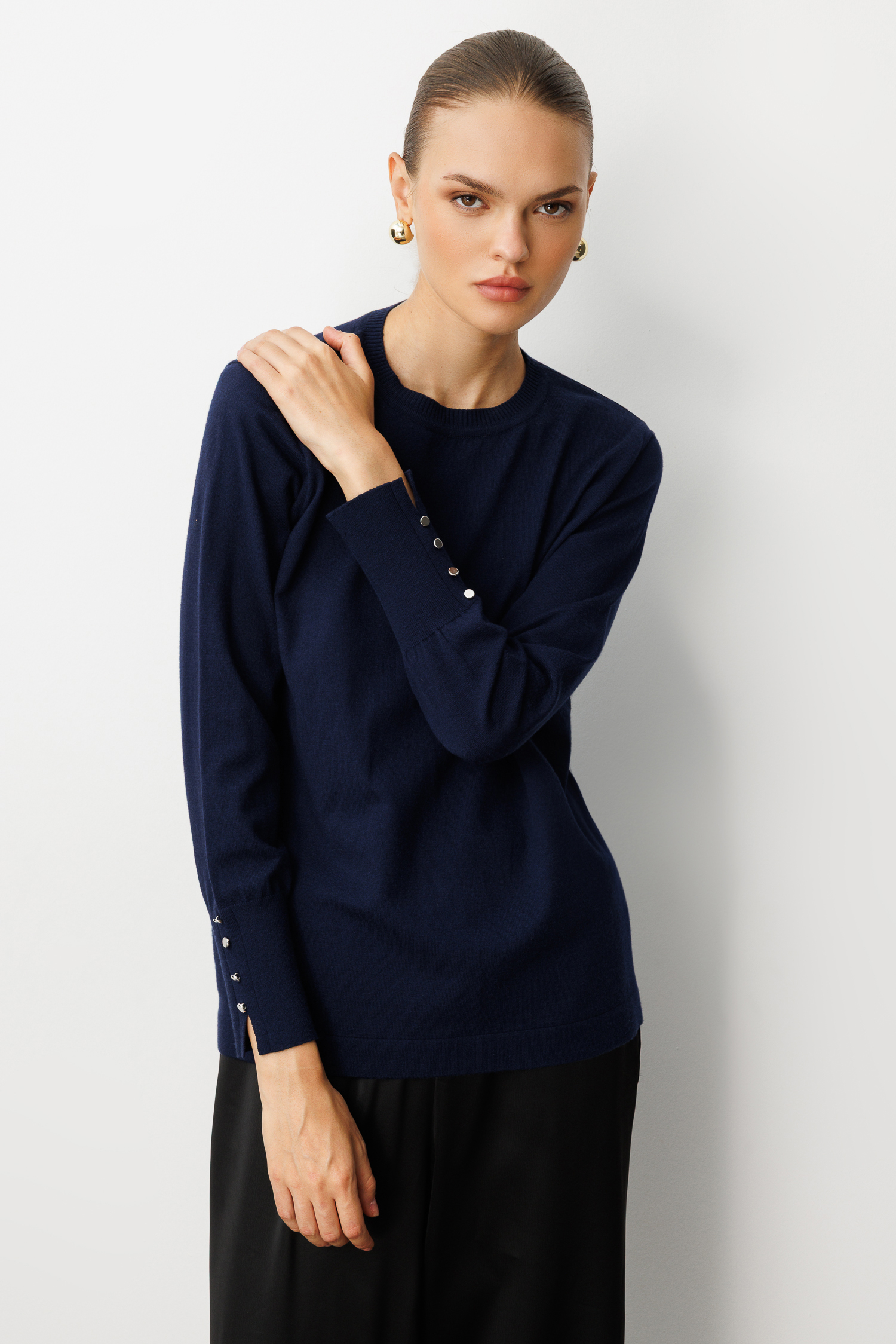 Mizalle Kol Düğmeli Lacivert Yuvarlak Yaka İnce Triko Kazak - Mizalle