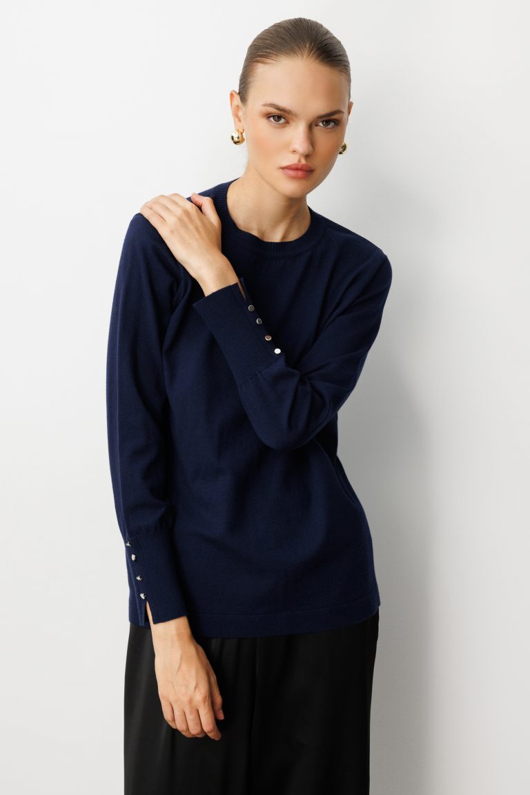 Mizalle Kol Düğmeli Lacivert Yuvarlak Yaka İnce Triko Kazak - Mizalle