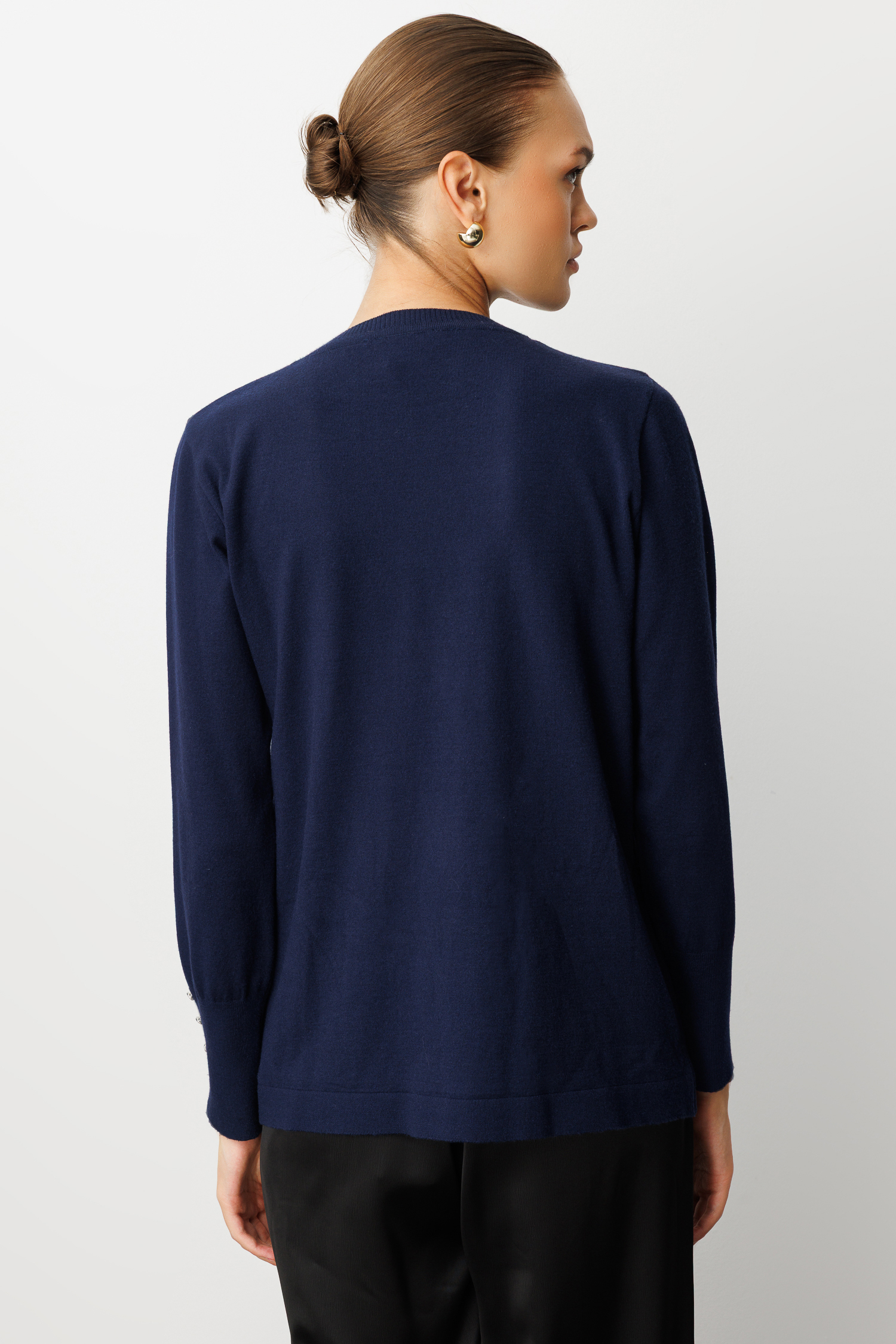 Mizalle Kol Düğmeli Lacivert Yuvarlak Yaka İnce Triko Kazak - Mizalle