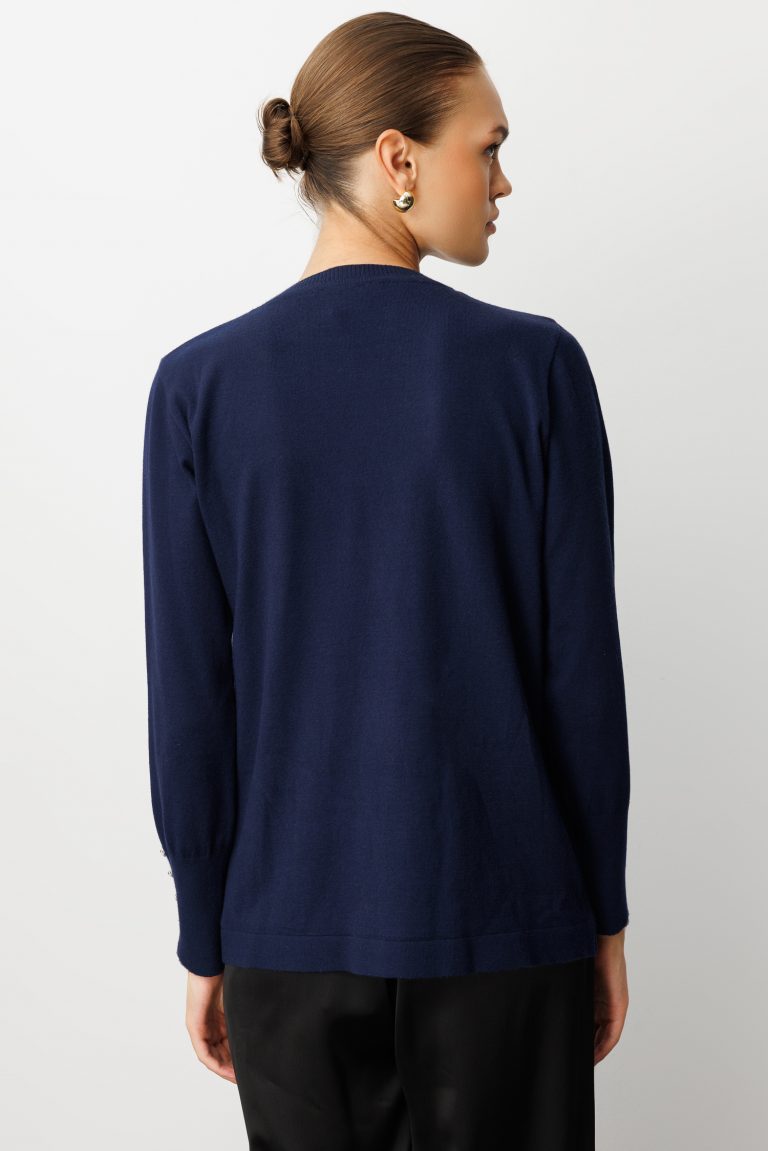 Mizalle Kol Düğmeli Lacivert Yuvarlak Yaka İnce Triko Kazak - Mizalle