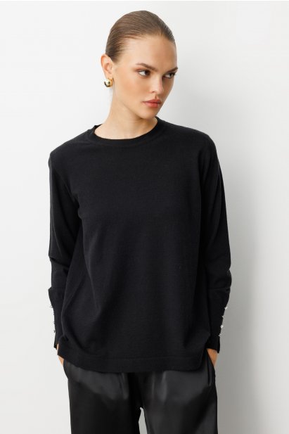 Mizalle Kol Düğmeli Siyah Yuvarlak Yaka İnce Triko Kazak - Mizalle