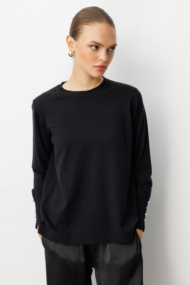 Mizalle Kol Düğmeli Siyah Yuvarlak Yaka İnce Triko Kazak - Mizalle