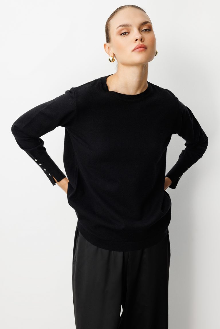 Mizalle Kol Düğmeli Siyah Yuvarlak Yaka İnce Triko Kazak - Mizalle