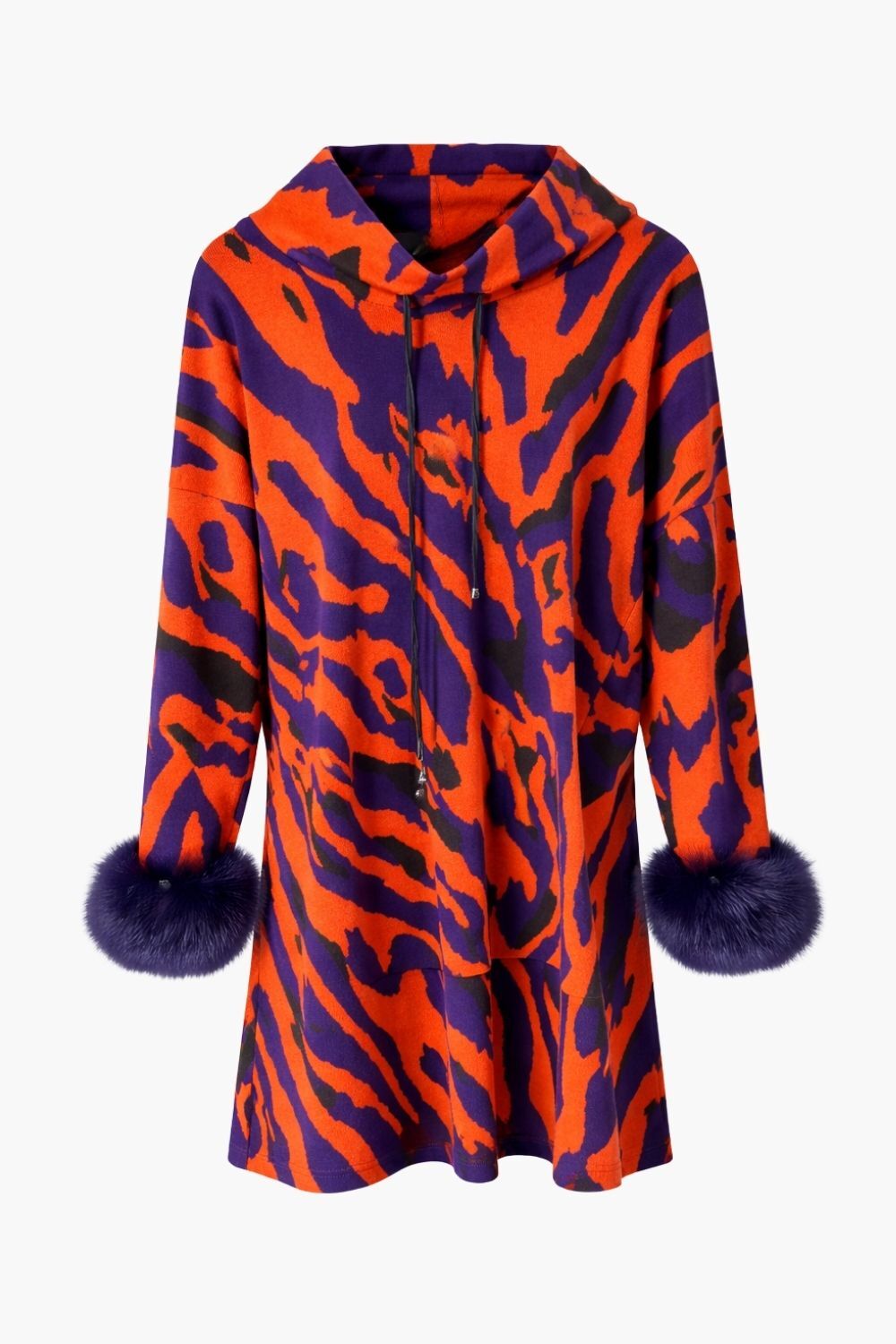 Mizalle Kolağzı Kürklü Kırmızı Mavi Desenli Uzun Triko Tunik - Mizalle