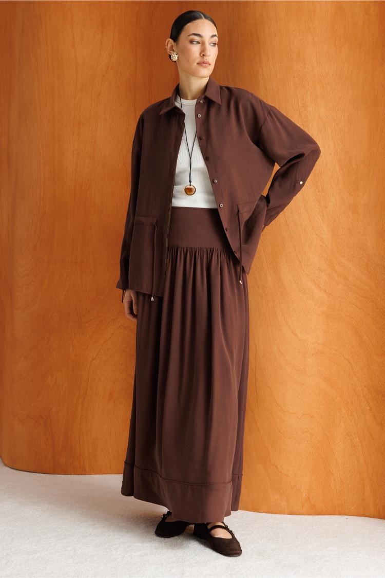 Mizalle Korsajlı Kahverengi Maksi Etek - 1