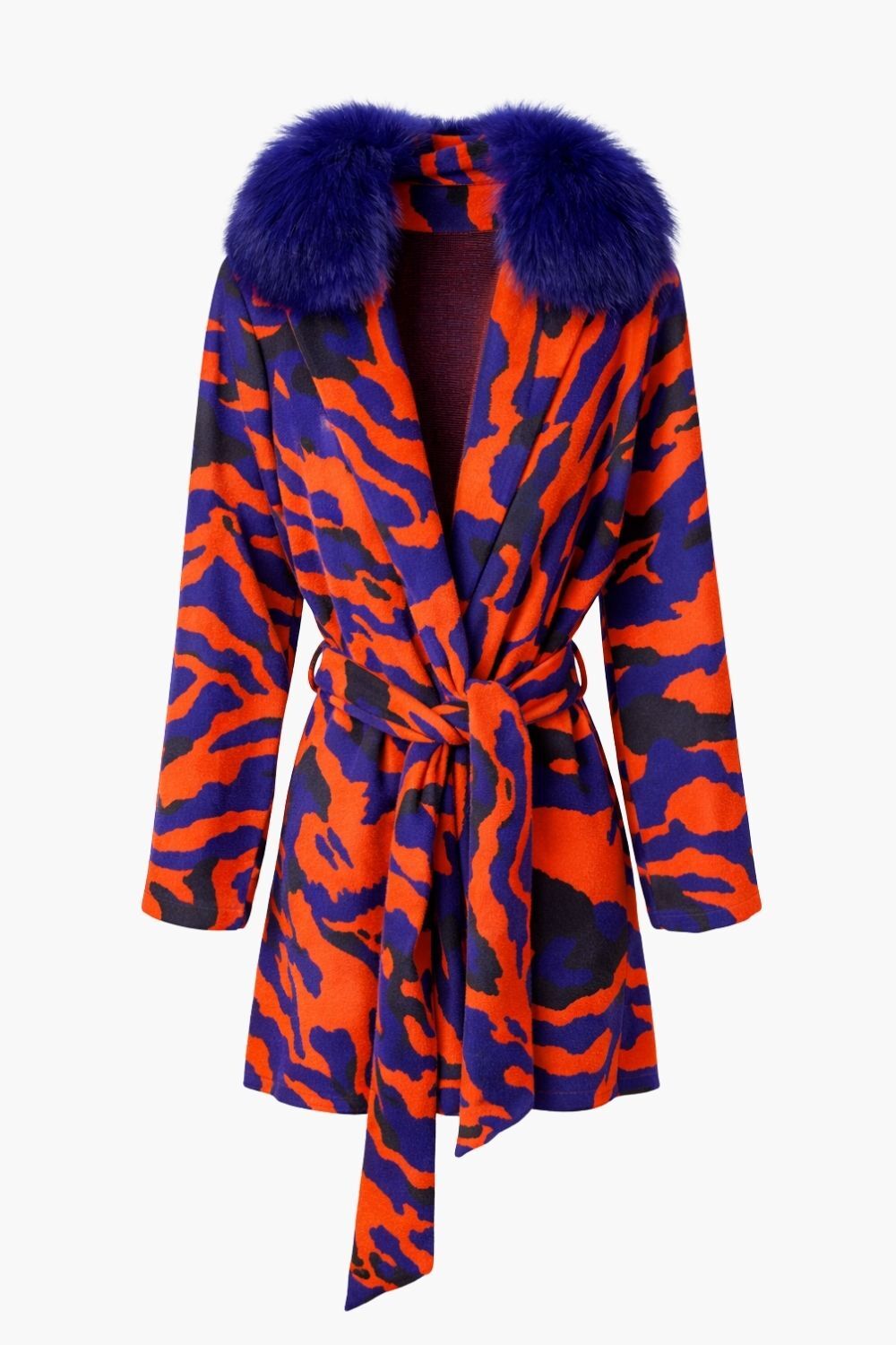 Mizalle Kürk Yakalı Mavi Kırmızı Desenli Kemerli Hırka - 1