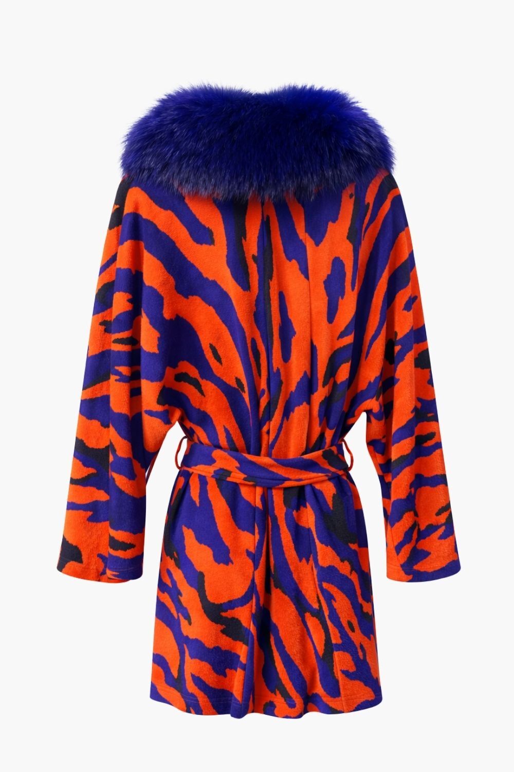 Mizalle Kürk Yakalı Mavi Kırmızı Desenli Kemerli Hırka - Mizalle