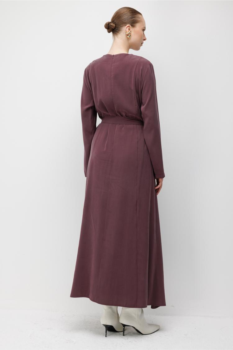 Mizalle Kuşak Detaylı Modal Mürdüm Maksi Elbise - 6