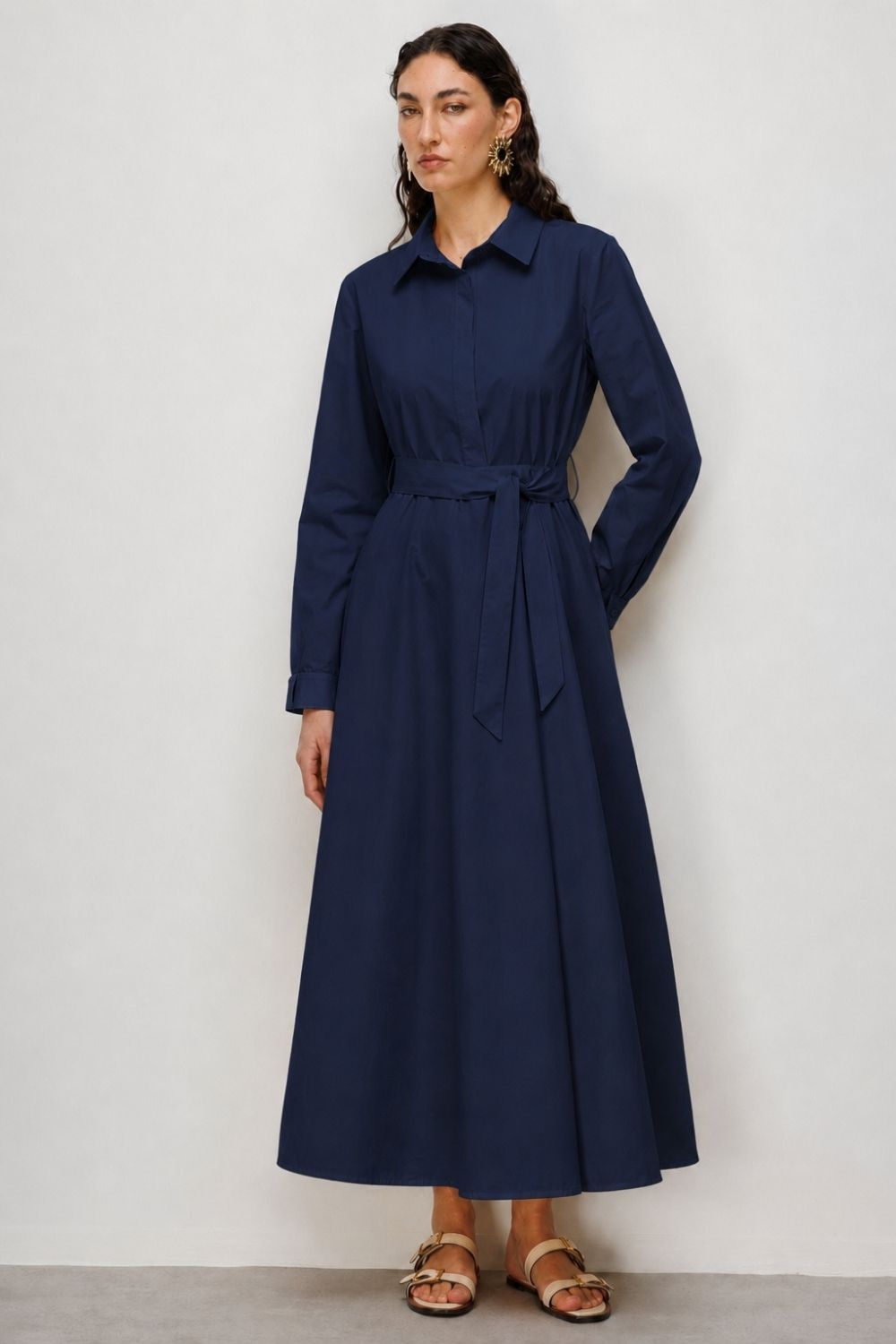 Mizalle Kuşak Detaylı Poplin Gömlek Lacivert Elbise - 3