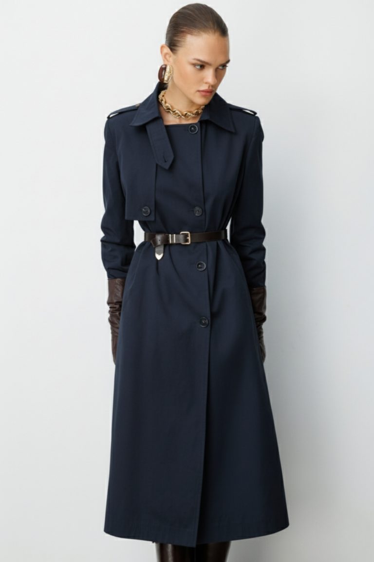 Mizalle Lacivert Apoletli Klasik Maxi Mac Trençkot - Mizalle