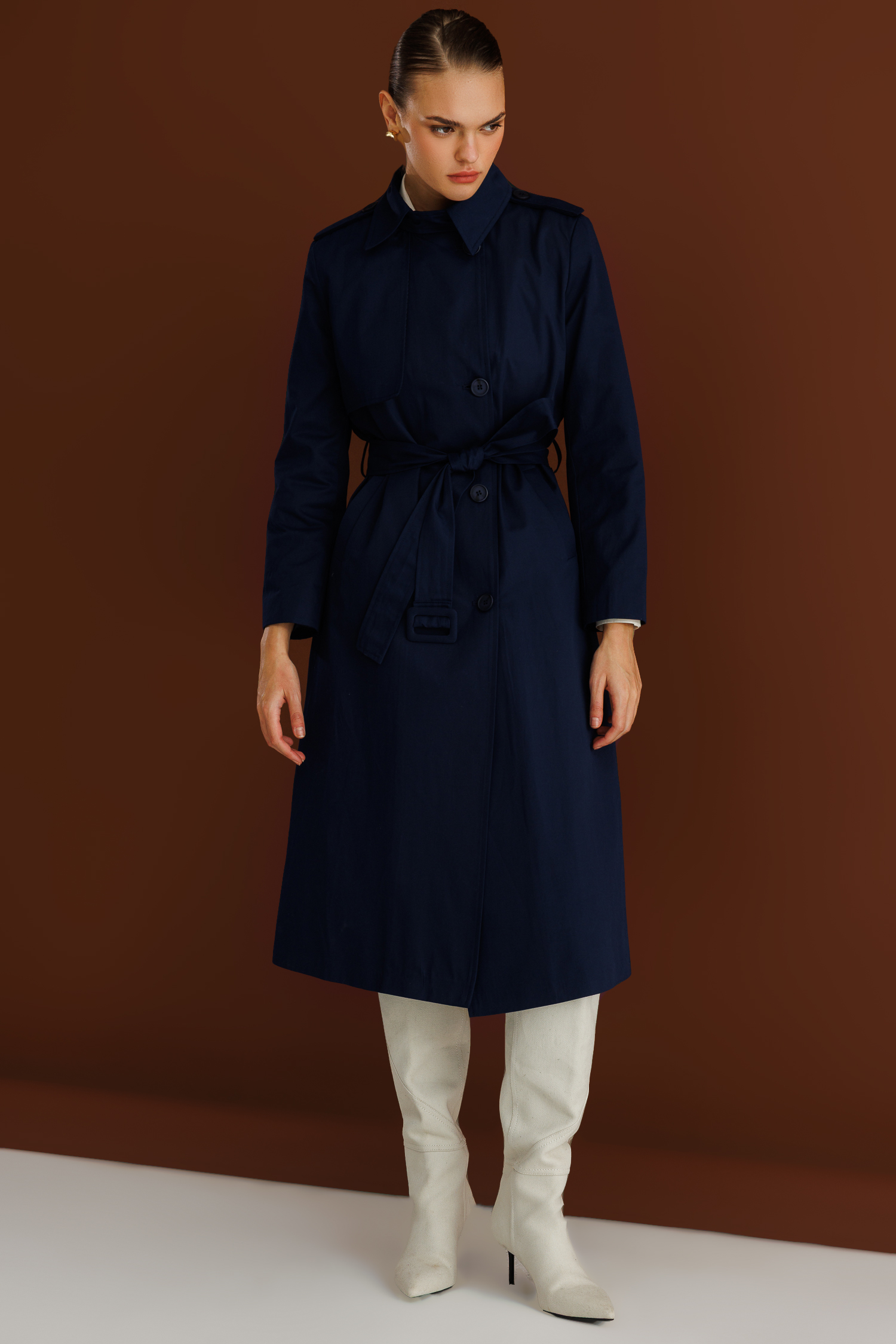 Mizalle Lacivert Apoletli Klasik Maxi Mac Trençkot - Mizalle