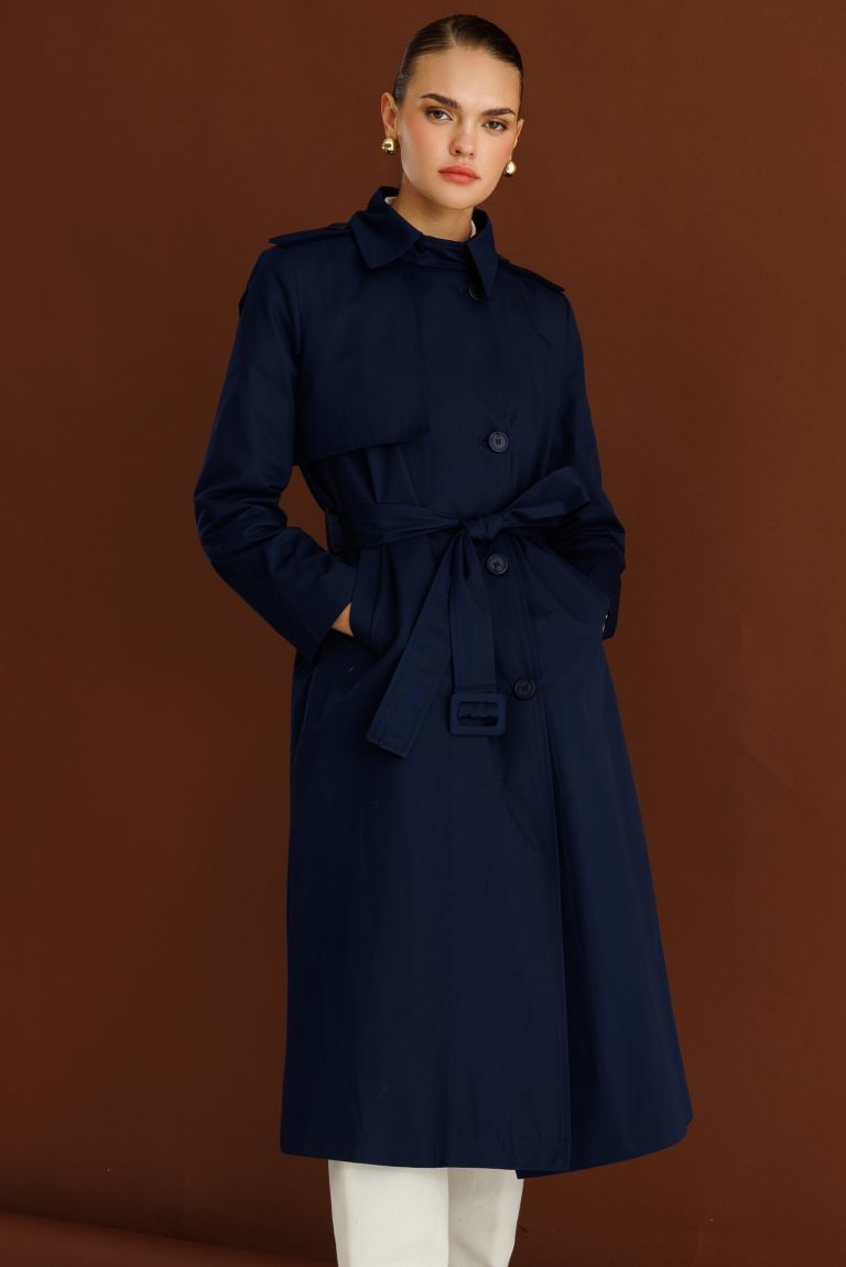 Mizalle Lacivert Apoletli Klasik Maxi Mac Trençkot - Mizalle