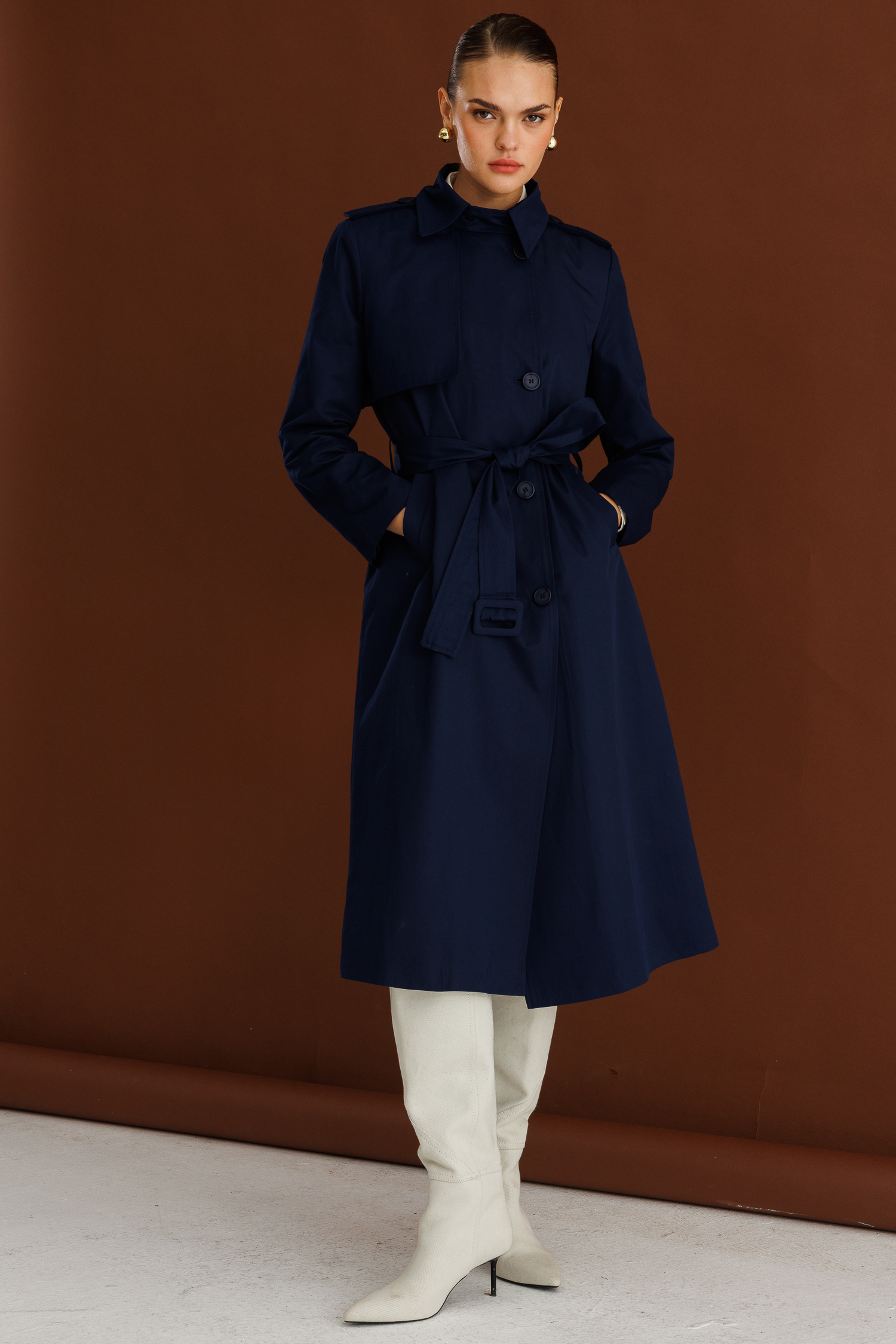 Mizalle Lacivert Apoletli Klasik Maxi Mac Trençkot - 6