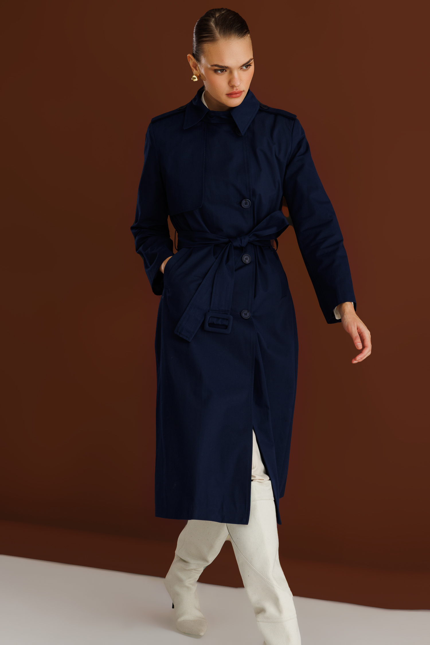 Mizalle - Mizalle Lacivert Apoletli Klasik Maxi Mac Trençkot