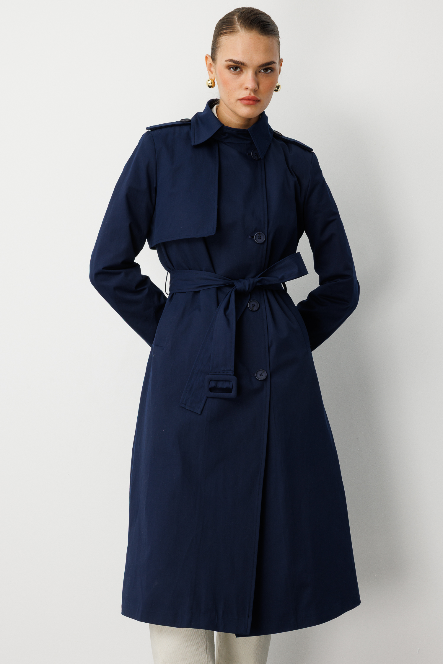 Mizalle Lacivert Apoletli Klasik Maxi Mac Trençkot - 8