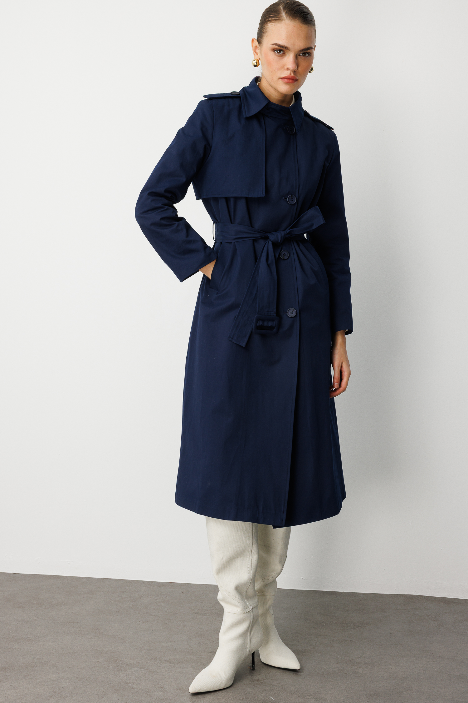 Mizalle Lacivert Apoletli Klasik Maxi Mac Trençkot - 11