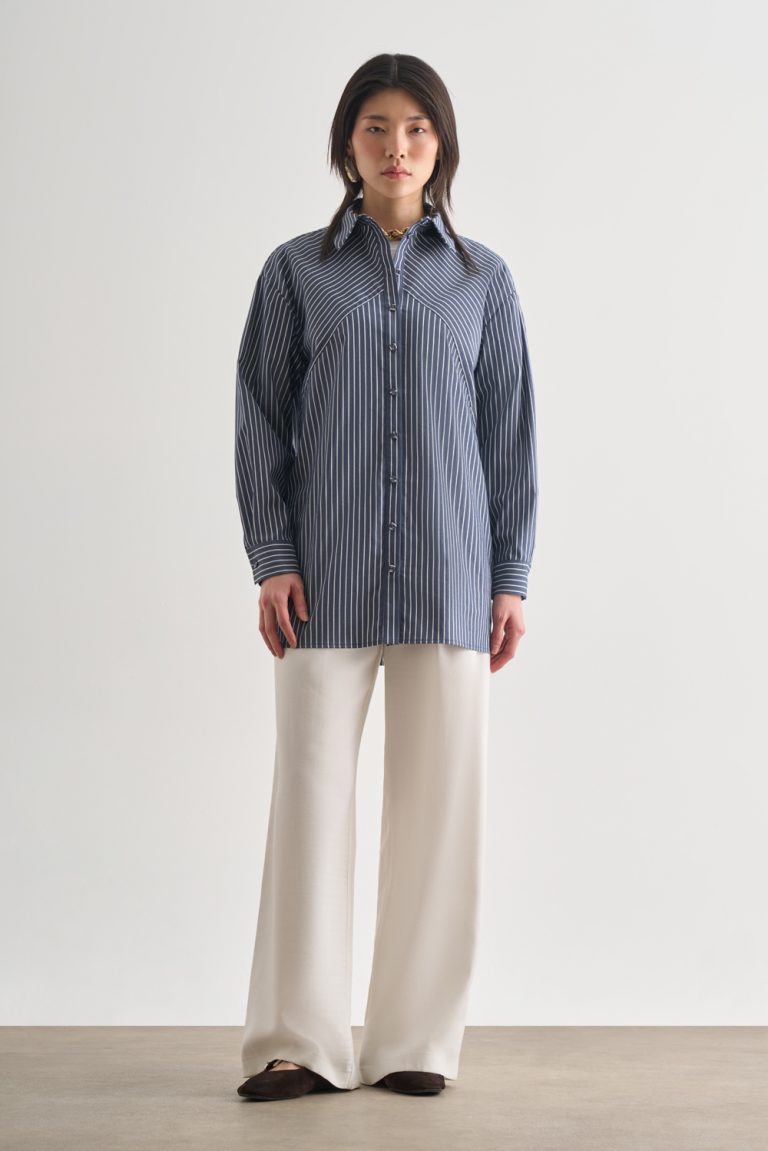 Mizalle Lacivert Beyaz Verev Çizgili Oversize Gömlek - Mizalle