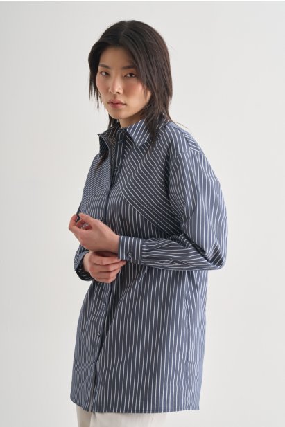 Mizalle Lacivert Beyaz Verev Çizgili Oversize Gömlek - Mizalle