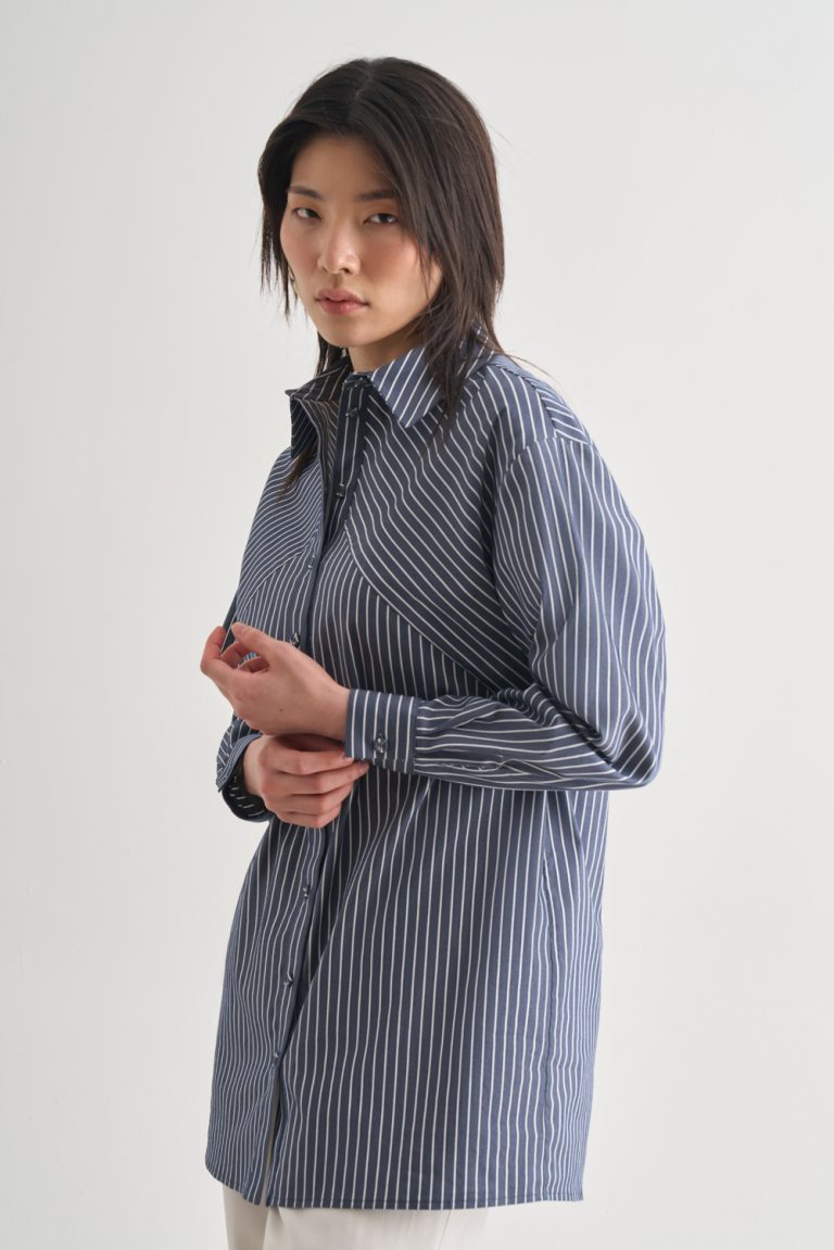 Mizalle Lacivert Beyaz Verev Çizgili Oversize Gömlek - Mizalle
