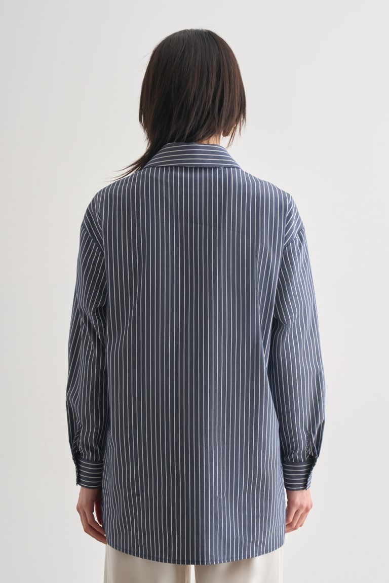 Mizalle Lacivert Beyaz Verev Çizgili Oversize Gömlek - Mizalle