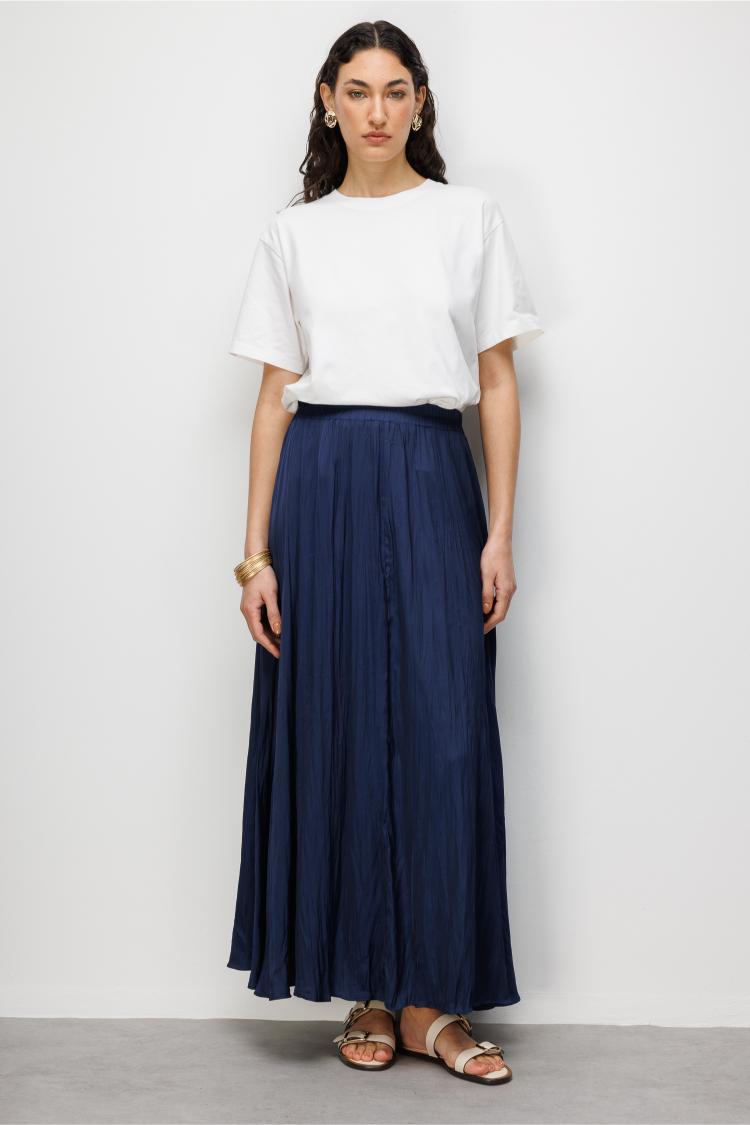 Mizalle Lacivert Kırışık Görünümlü Saten Maksi Etek - 1