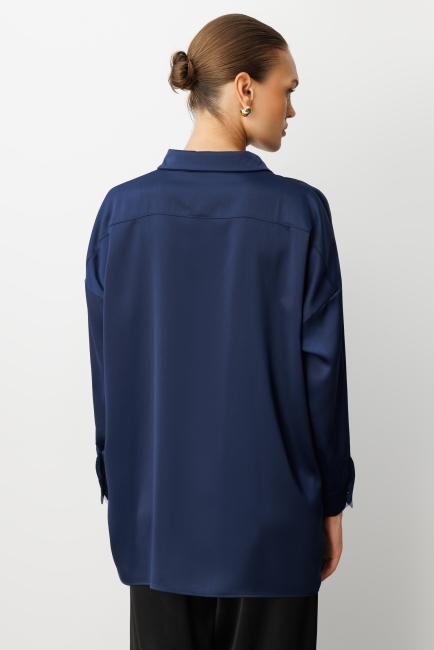 Mizalle Lacivert Metal Düğmeli Saten Tunik Gömlek - Mizalle