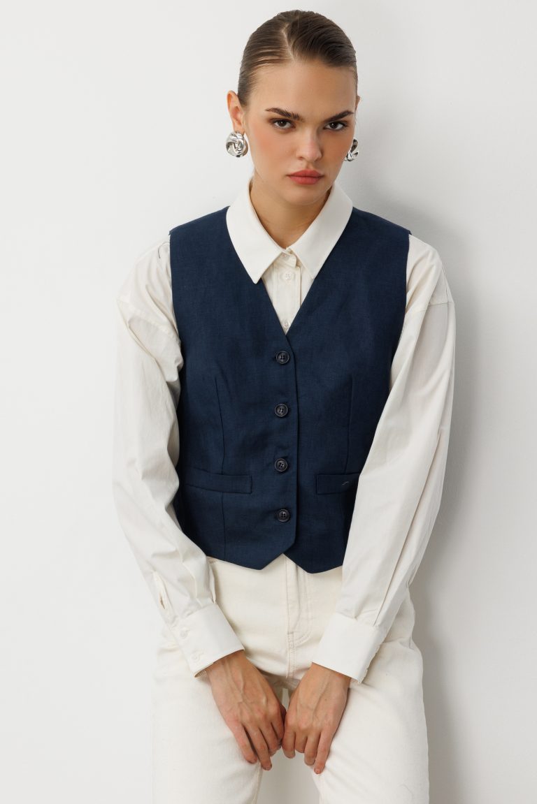 Mizalle Lacivert Saf Keten Yelek - Mizalle