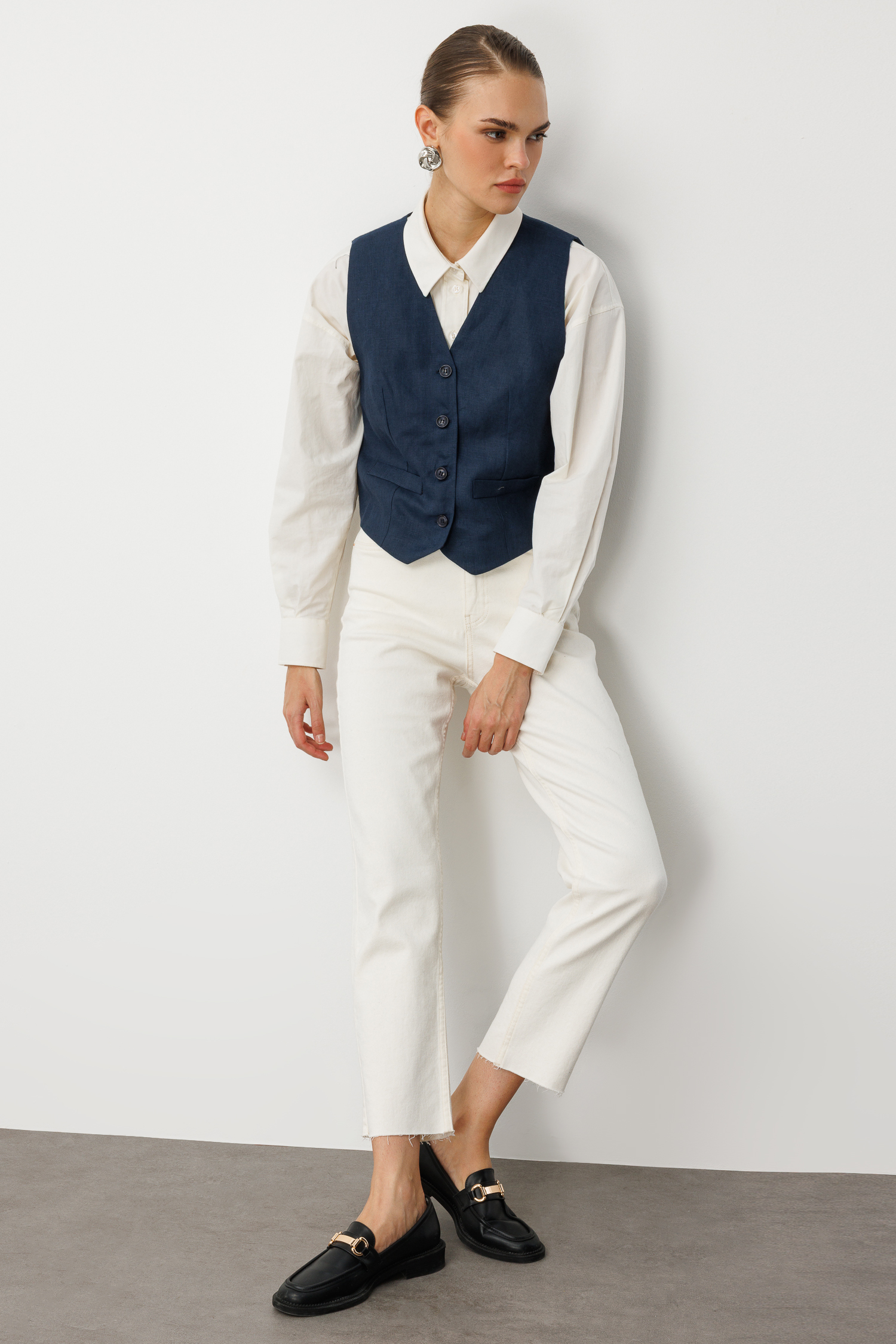 Mizalle Lacivert Saf Keten Yelek - Mizalle