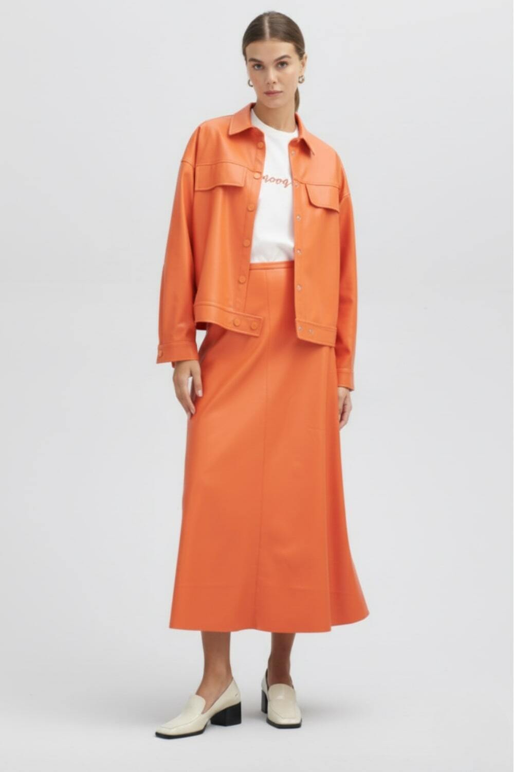 Mizalle Maksi Evaze Turuncu Suni Deri Etek - Mizalle